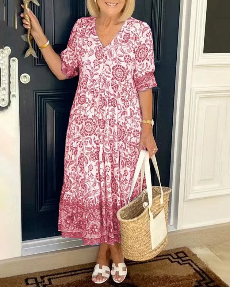Candice | Elegancka Sukienka w Kwiaty z Dekoltem w Serek