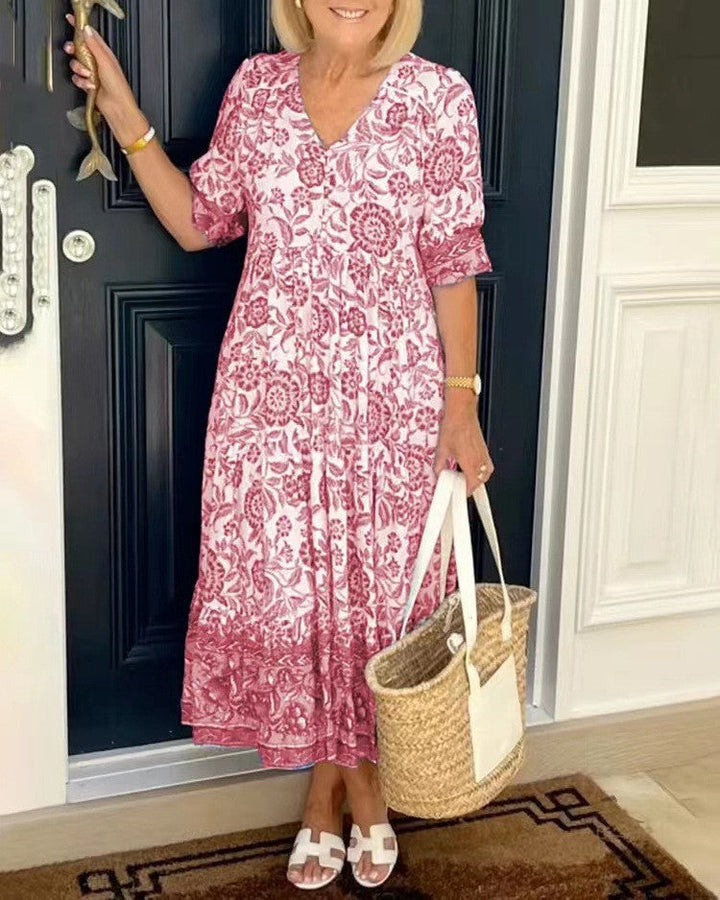 Candice | Elegancka Sukienka w Kwiaty z Dekoltem w Serek