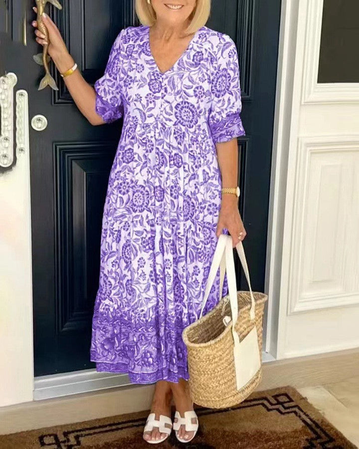 Candice | Elegancka Sukienka w Kwiaty z Dekoltem w Serek
